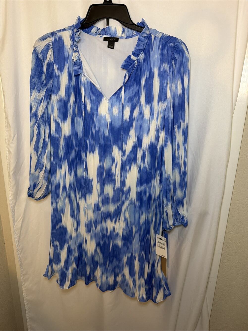 Halogen Brush Print Pleated Shift Dress Blue Ivory Size M New with Tags